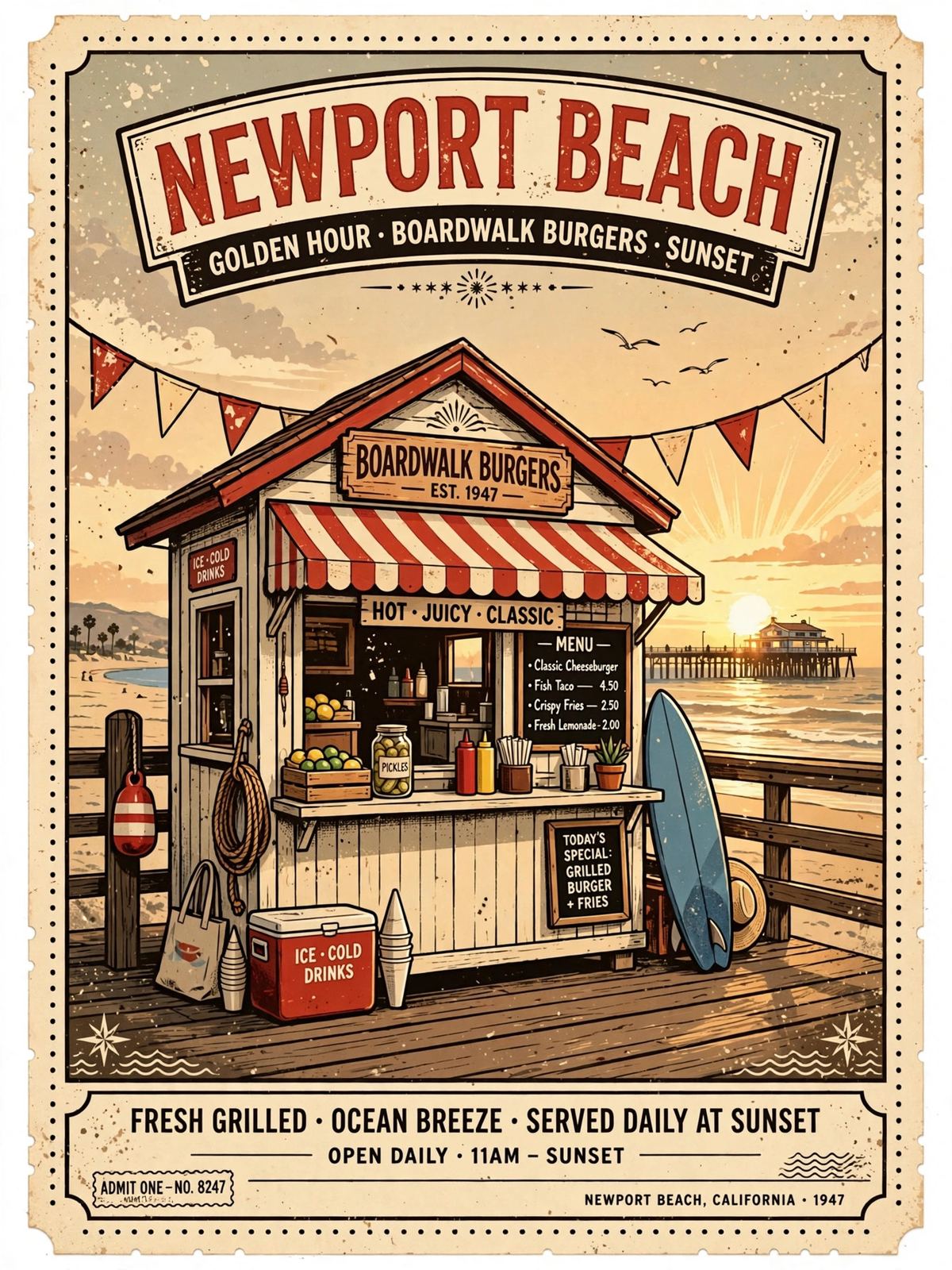 Vintage poster of a boardwalk burger stand at golden hour